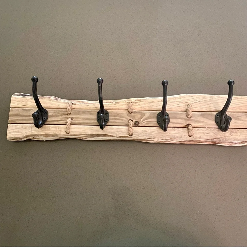 Hand Crafted Natural Live Edge Wood, w/5 Wrought Iron Hooks, & Jute rope.